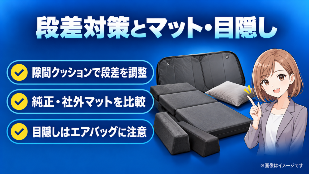 ルーミー車中泊の段差を埋めるクッションやマット、目隠し用品の選び方とエアバッグへの注意点をまとめたイメージ画像