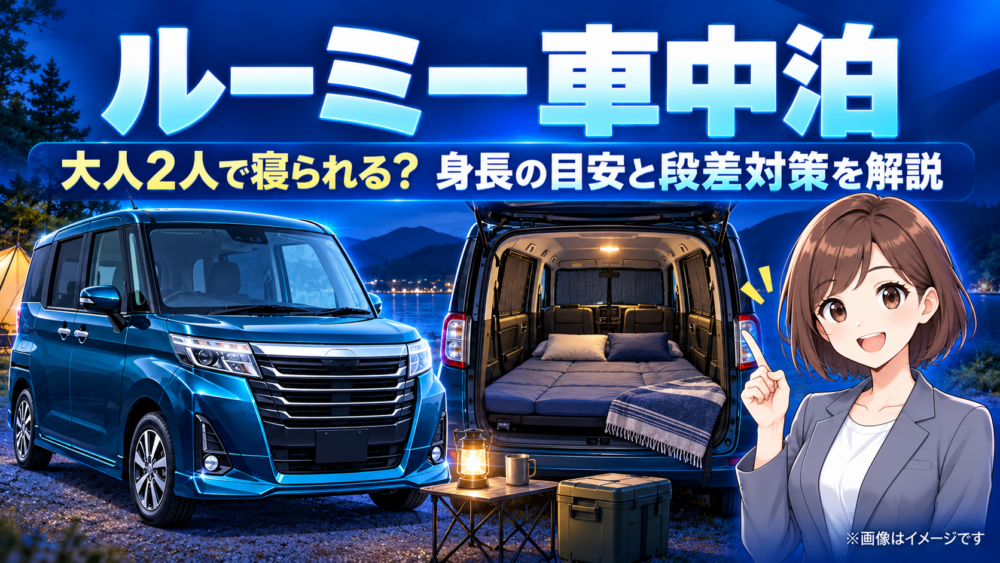 ルーミーの車中泊をイメージした青い車と、マットや枕を敷いた車内の寝床、車中泊のポイントを紹介する女性のイラスト