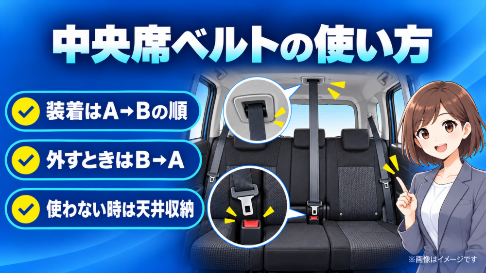 ルーミー後部座席中央のシートベルトの着け方と外し方、天井への収納手順をまとめたイメージ画像