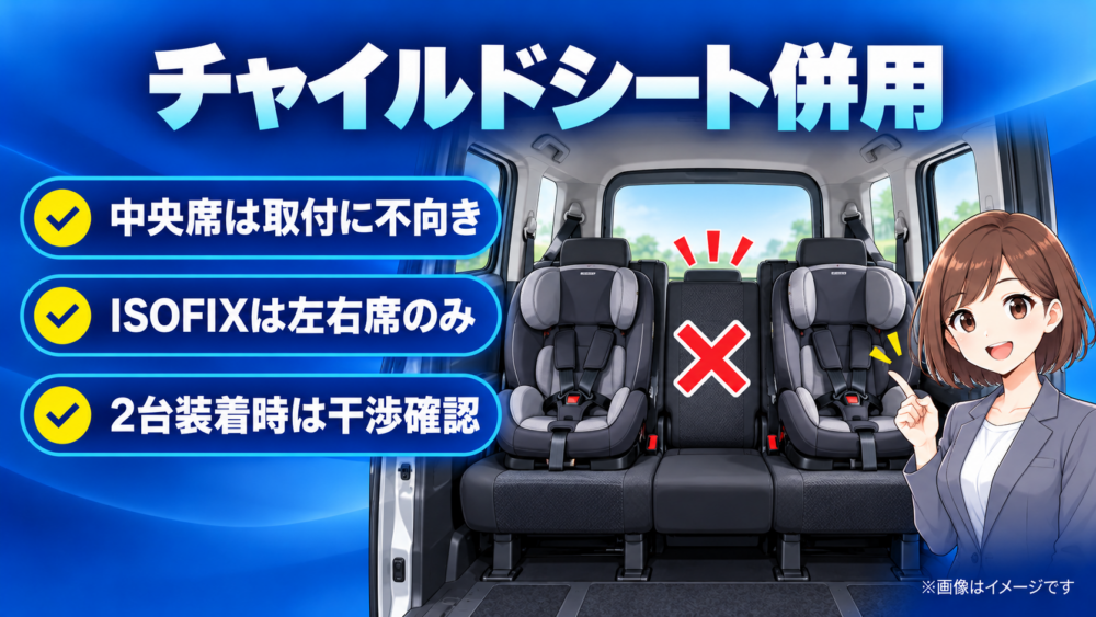 ルーミー後席でチャイルドシートを2台使う場合の注意点を、中央席が取り付けに不向きなことやISOFIX対応位置とともに解説した画像