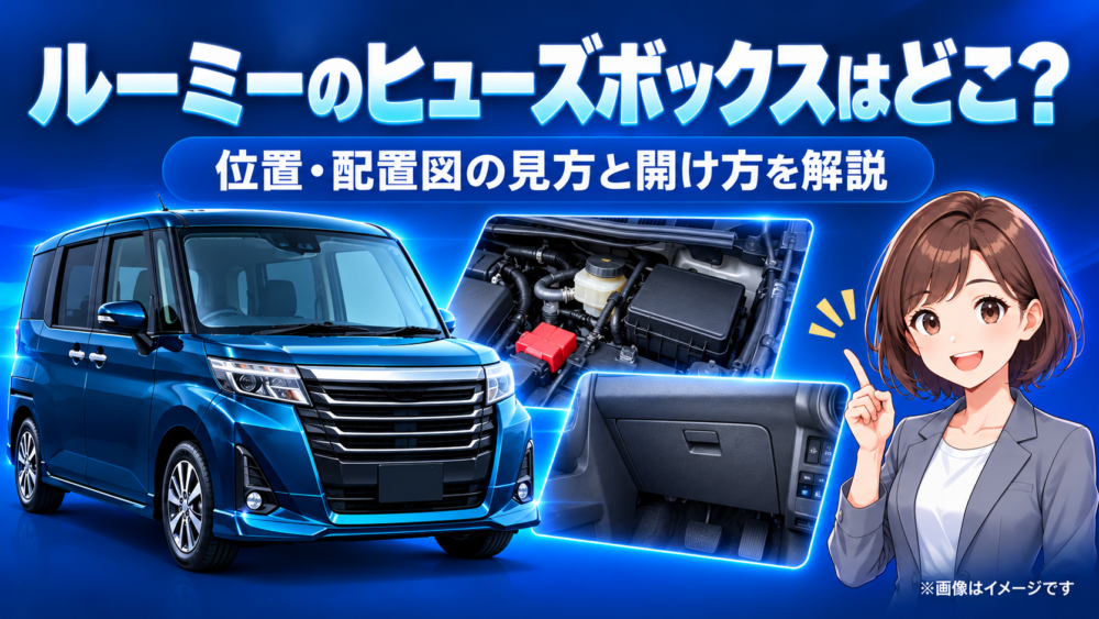 ルーミーのヒューズボックスの位置・配置図の見方・開け方を、車両外観とエンジンルーム、車内のイメージで紹介した記事アイキャッチ画像