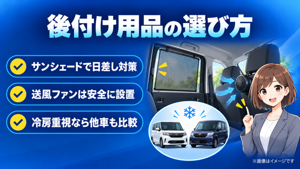 ルーミーの後部座席の暑さ対策として、サンシェードや車用送風ファンの活用方法と他車比較を紹介したイメージ画像