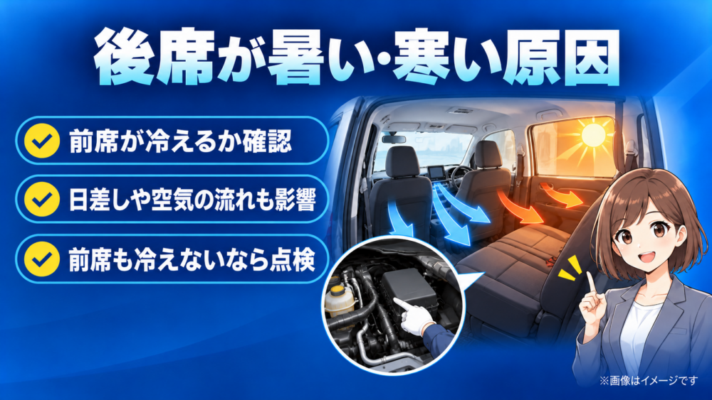 ルーミーの後部座席が暑い・寒い原因を、日差しや冷気の流れ、エアコン点検のポイントとともに解説したイメージ画像
