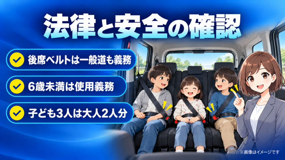 ルーミーの後席3人乗車で確認したい法律と安全性を、後席シートベルトの着用義務や6歳未満のチャイルドシート使用義務とともにまとめた画像