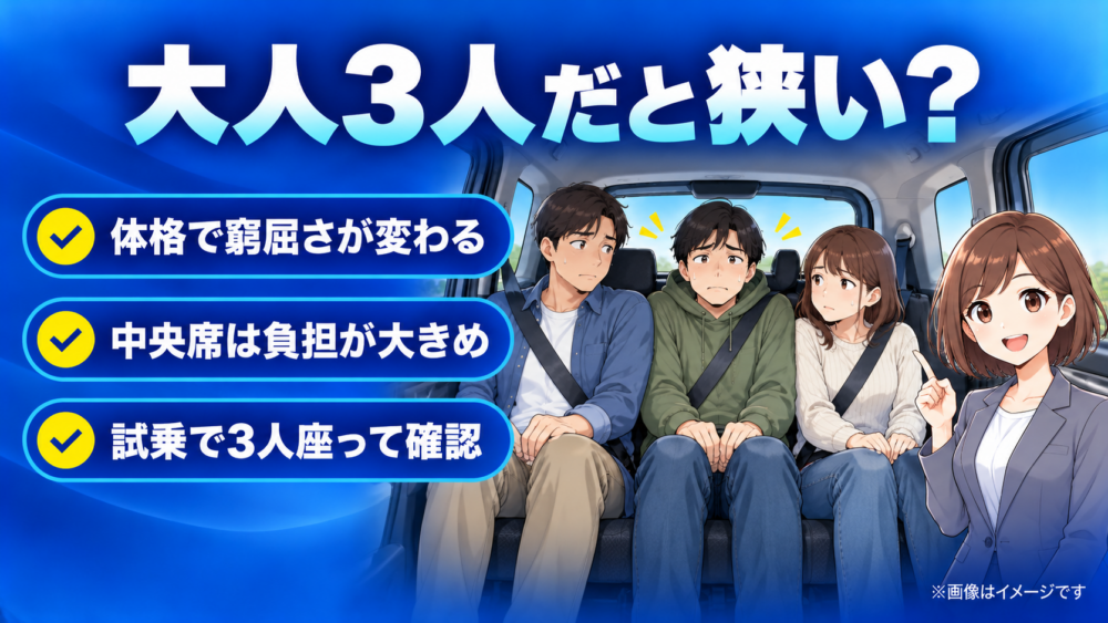ルーミーの後部座席に大人3人で座ったときの窮屈さの目安を、体格差や中央席の負担、試乗確認の重要性とともに紹介した画像
