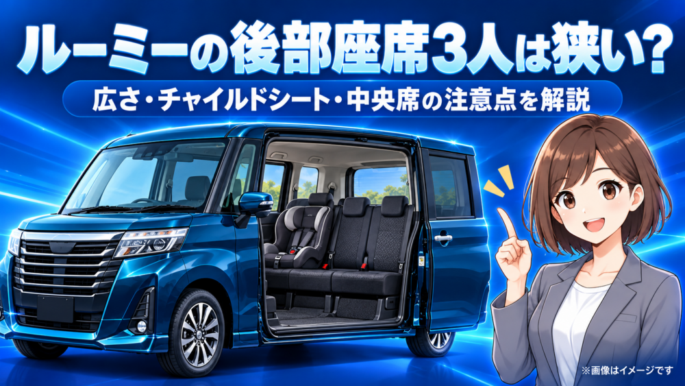 ルーミーの後部座席3人乗車の広さやチャイルドシートの注意点を紹介する、後席と女性キャラクターのイメージ画像