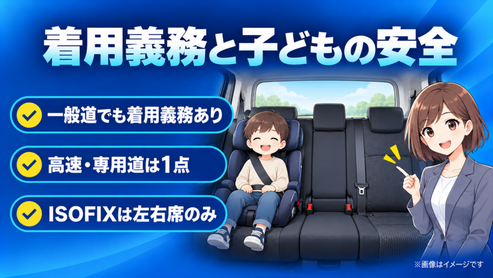 ルーミー後部座席のシートベルト着用義務とチャイルドシートの安全な使用についてまとめたイメージ画像