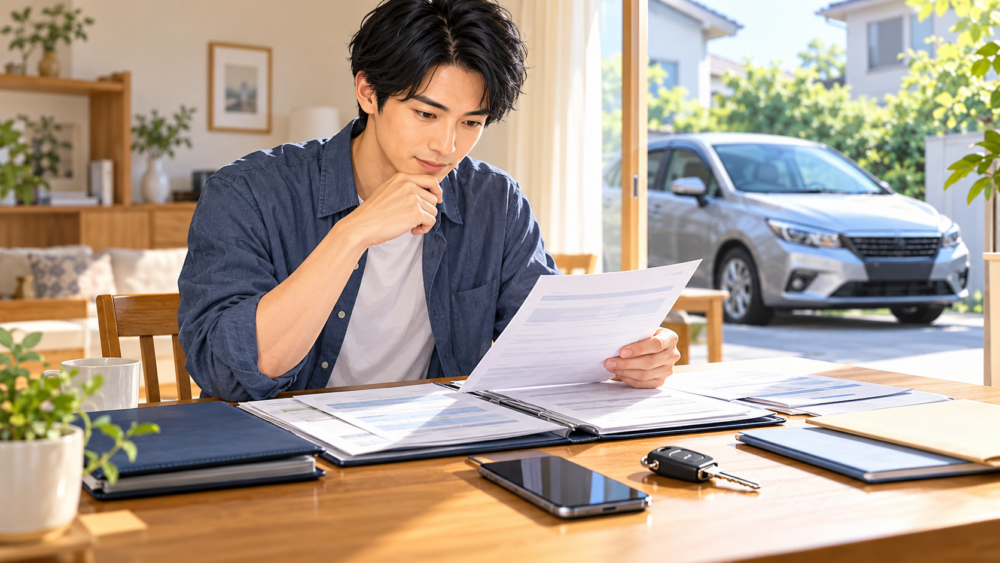 車検切れ車の車検証や自賠責保険の書類を自宅で確認する男性