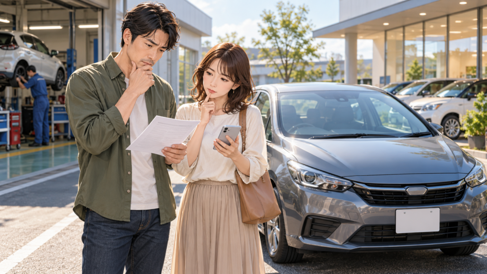 車検切れ車の車検費用と売却を比較して検討する男女