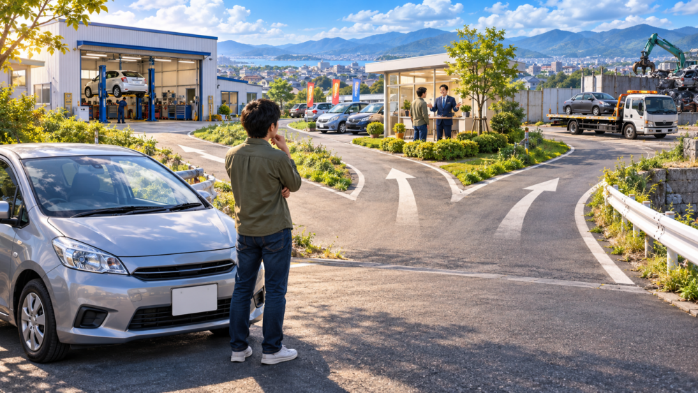 車検切れ車の車検・売却・廃車の3つの選択肢を考える男性