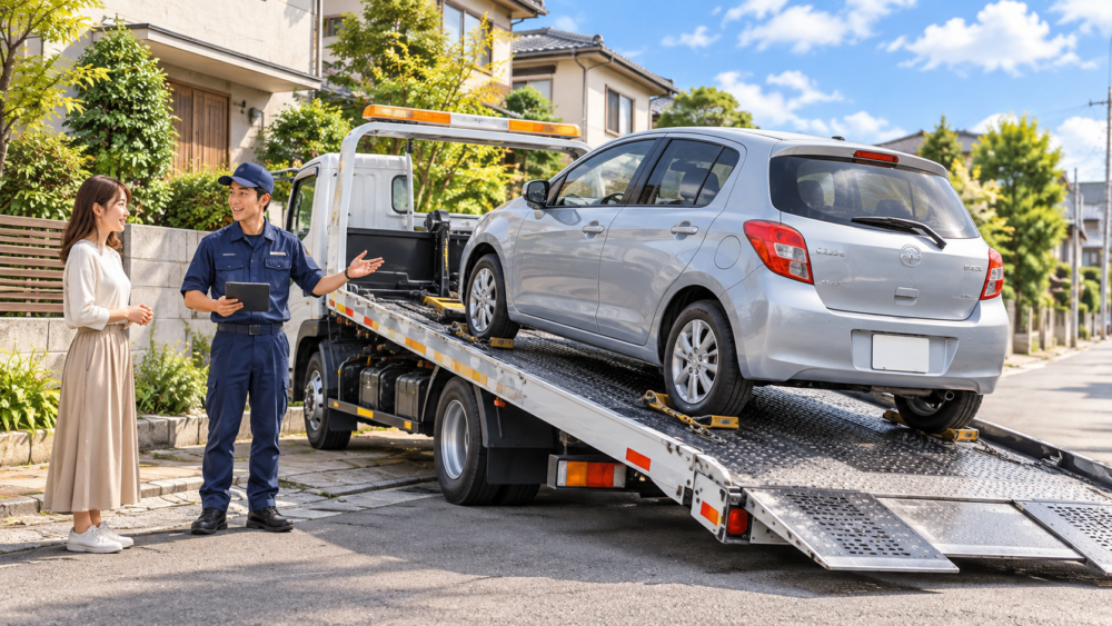 車検切れ車を自走させず積載車へ載せて搬送する様子