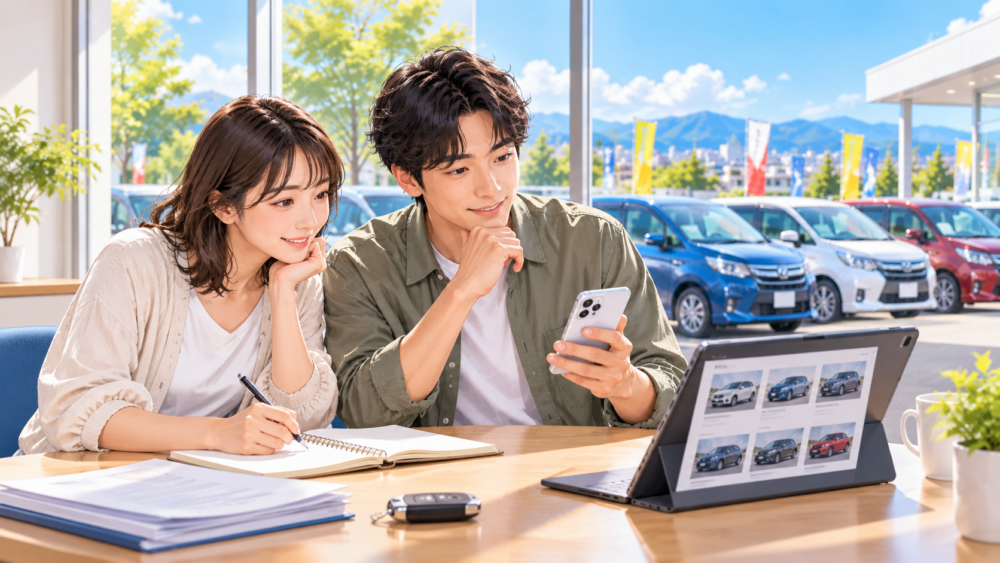 中古車購入前にスマホやパソコンで候補車を調べながら条件を整理する男女