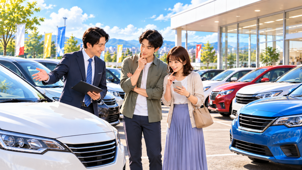 中古車販売店でスタッフの説明を受けながら購入候補を比較する男女