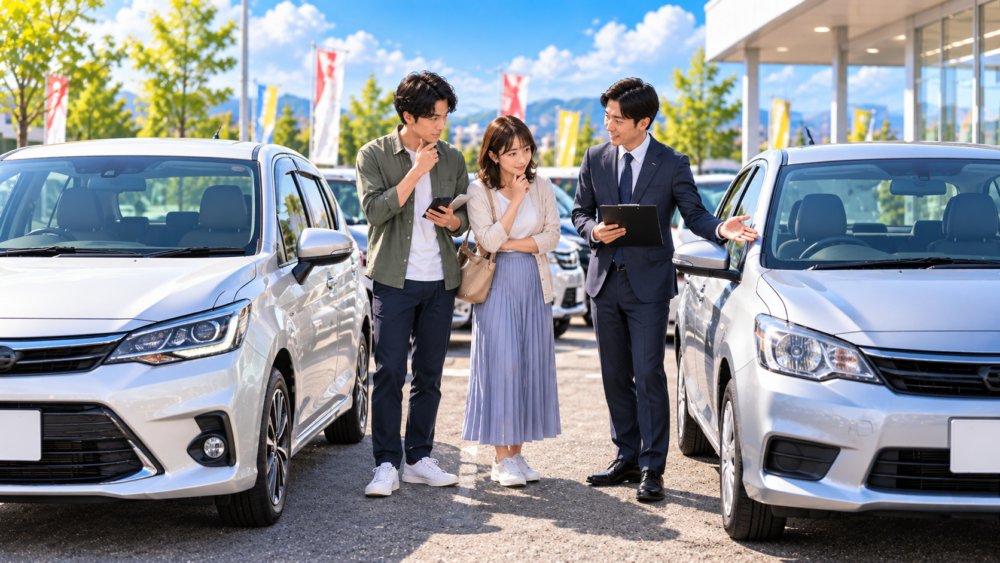 中古車販売店で条件の異なる2台を比較しながら価格差を検討する男女