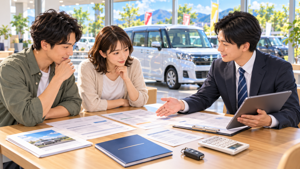中古車購入の見積書や保証内容を販売スタッフと確認する男女